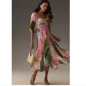 SOLD--Anthropologie Hutch Printed Twist-Front Puff-Sleeve Ruffle-Hem Dress